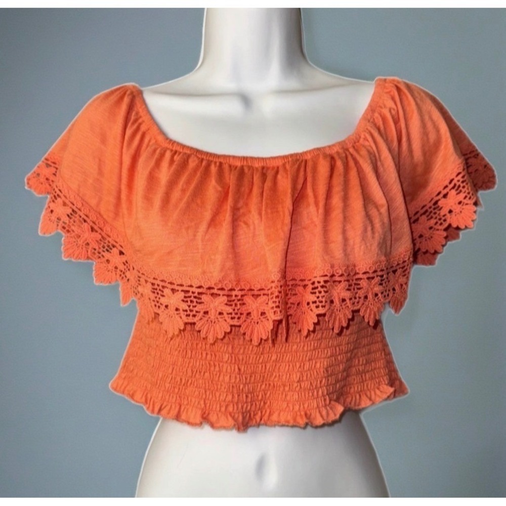 rue21 Smocked Crop Top Women Small Orange Off Shoulder Crochet Lace Boho